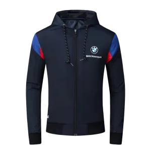BMW Moto Side Crested Zip Down Hooded Polythene Men's Jacket- Navy Blue