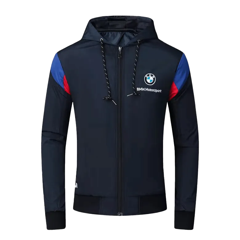 BMW Moto Side Crested Zip Down Hooded Polythene Men's Jacket- Navy Blue