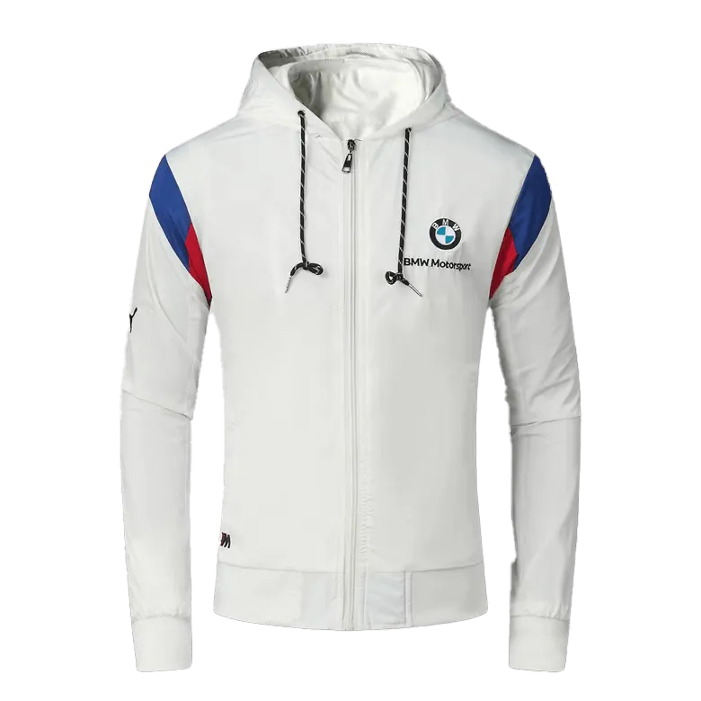 BMW Moto Side Crested Zip Down Hooded Polythene Men's Jacket- White