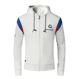 BMW Moto Side Crested Zip Down Hooded Polythene Men's Jacket- White