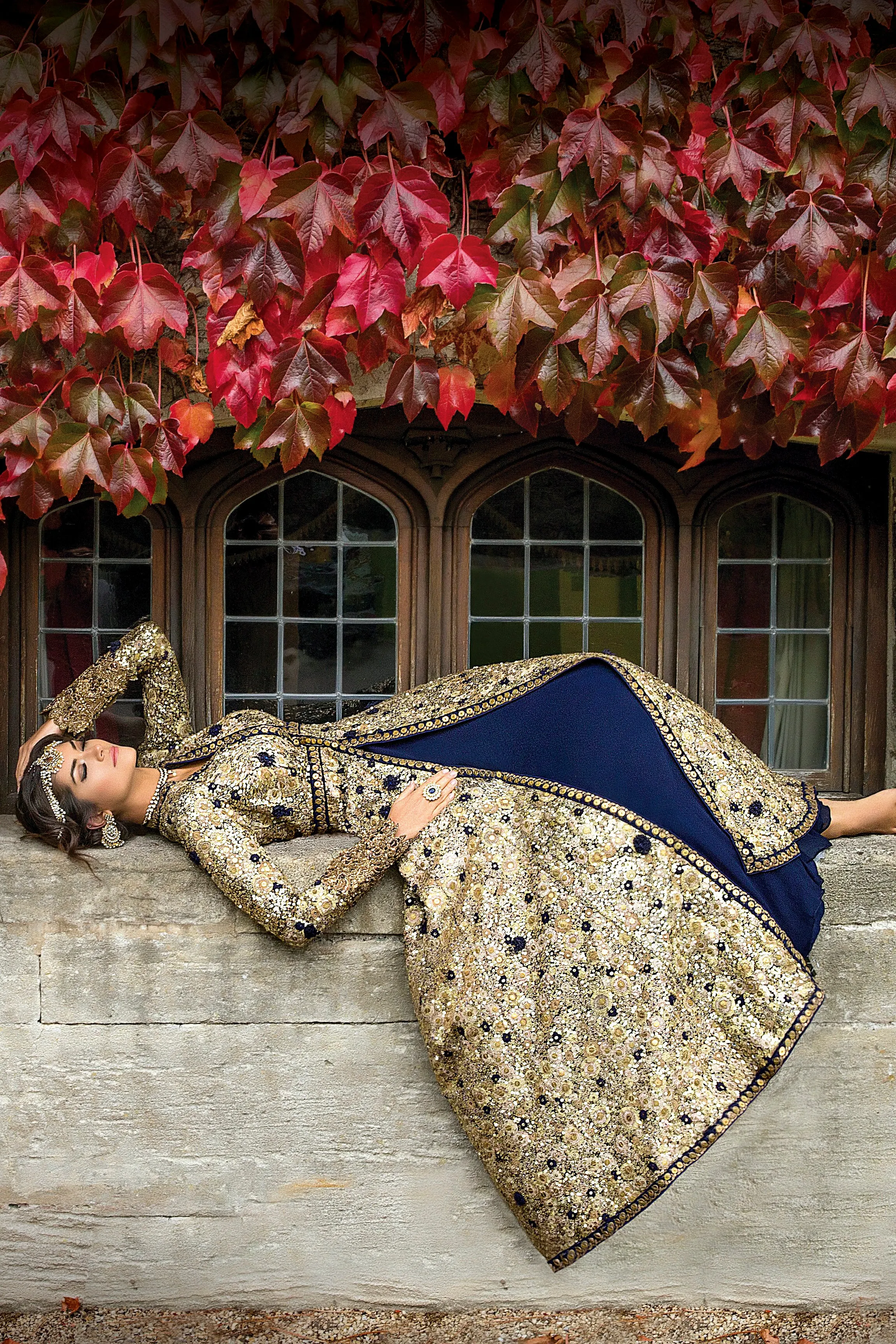 Golden and blue Jacket style Bridal Gown