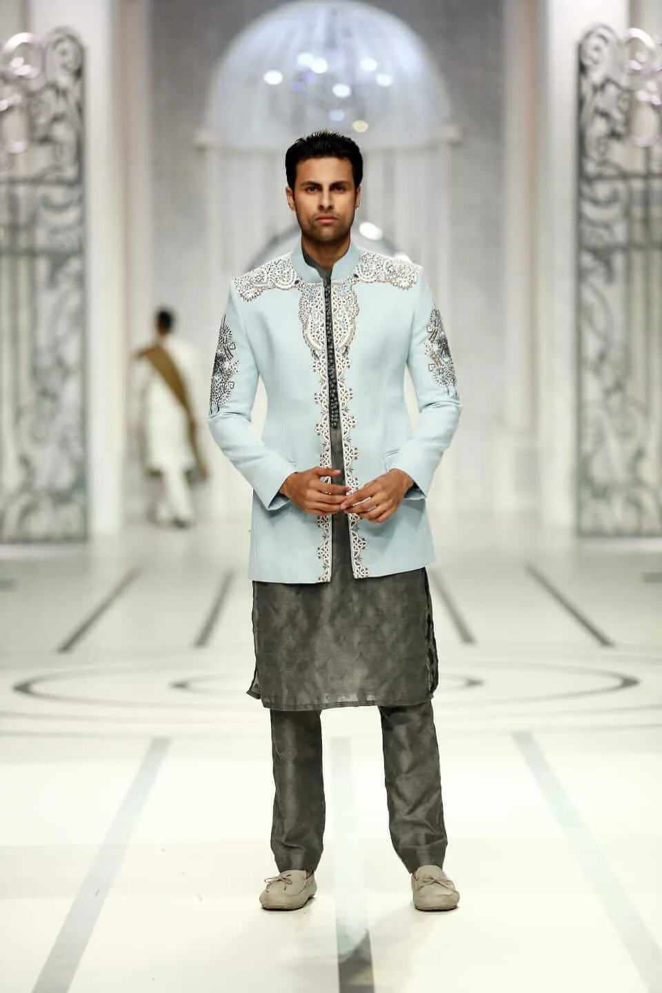 Ice Blue Embroidered Coarse Linen Prince Jacket
