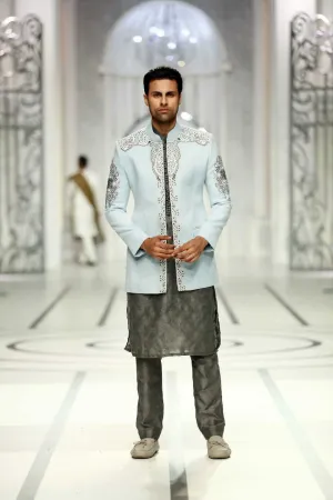 Ice Blue Embroidered Coarse Linen Prince Jacket