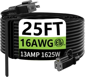 Indoor Outdoor Black Extension Cord 25 Ft Waterproof, 16/3 Gauge Flexible Cold-Resistant Appliance Cord Outside, 13A 1625W 16AWG SJTW, 3 Prong Heavy Duty Electric Cord, ETL