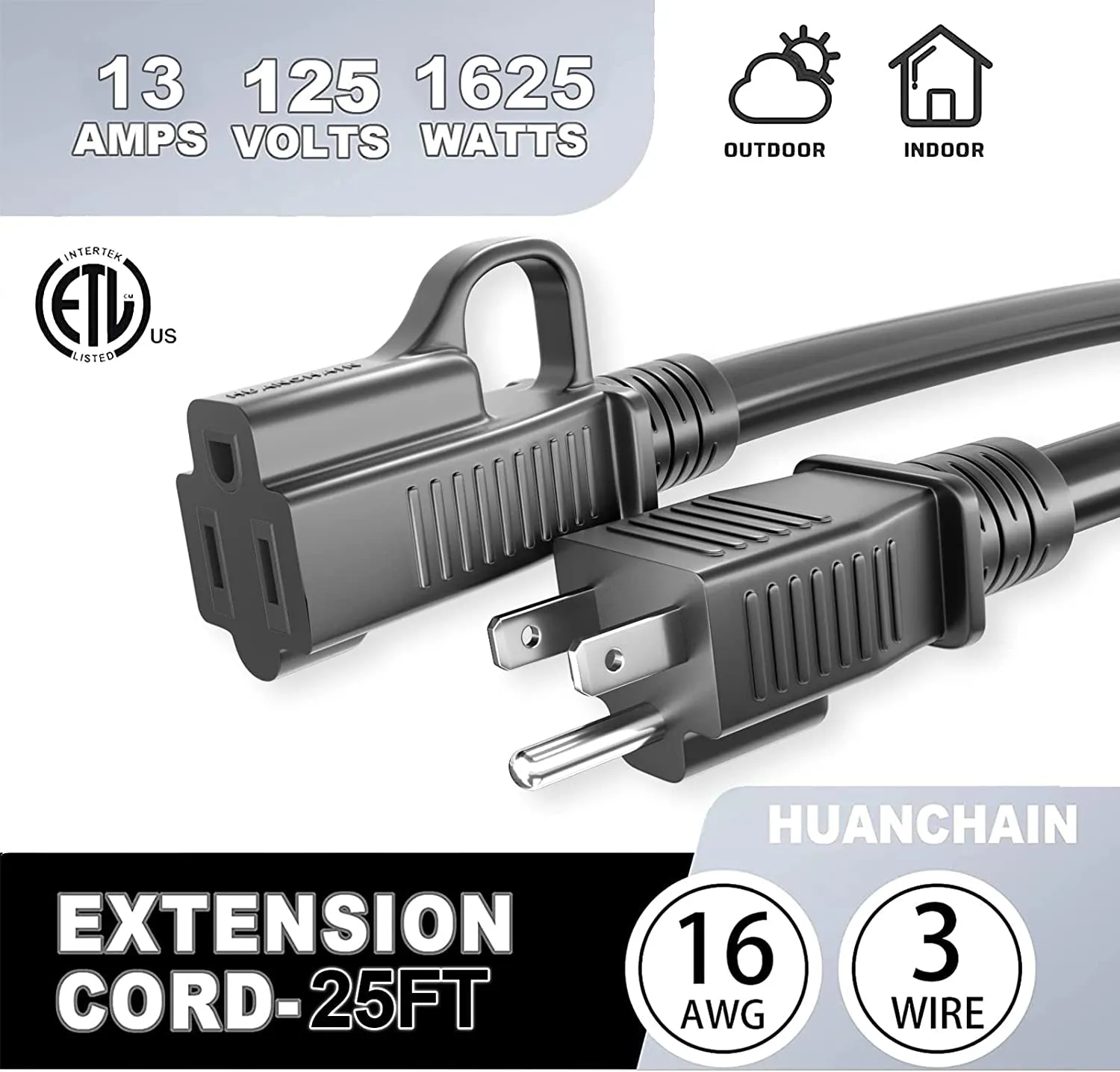 Indoor Outdoor Black Extension Cord 25 Ft Waterproof, 16/3 Gauge Flexible Cold-Resistant Appliance Cord Outside, 13A 1625W 16AWG SJTW, 3 Prong Heavy Duty Electric Cord, ETL
