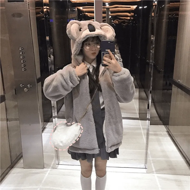 Kawaii Koala Ears Plush Thick Warm Hoodies