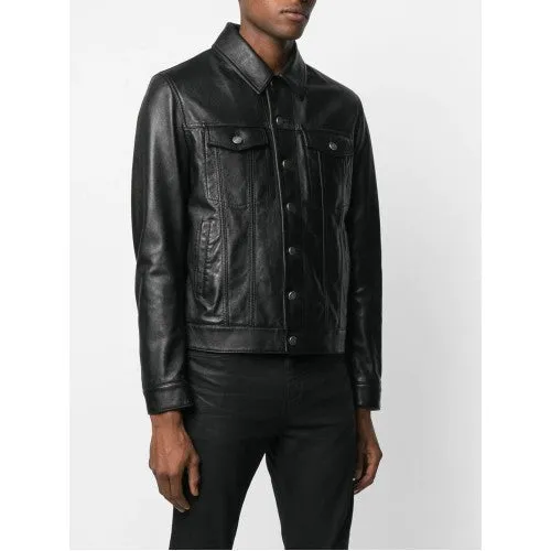 Men Designer Leather Buttoned Jacket