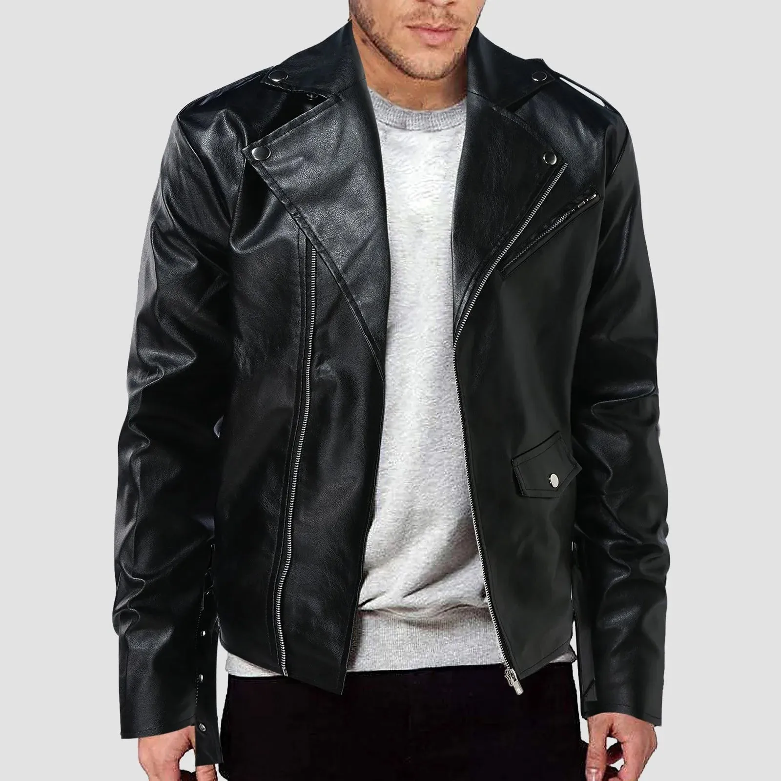 Mens Leather Jacket Autumn New Lapel Long Sleeve Full Zipper Design Cool Coat Autumn Popular Handsome Clothes For Men Large Size