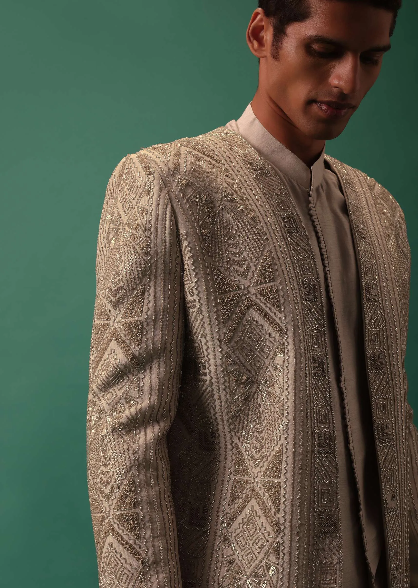 Off White Heavy Hand Embroidered Jacket Kurta Set