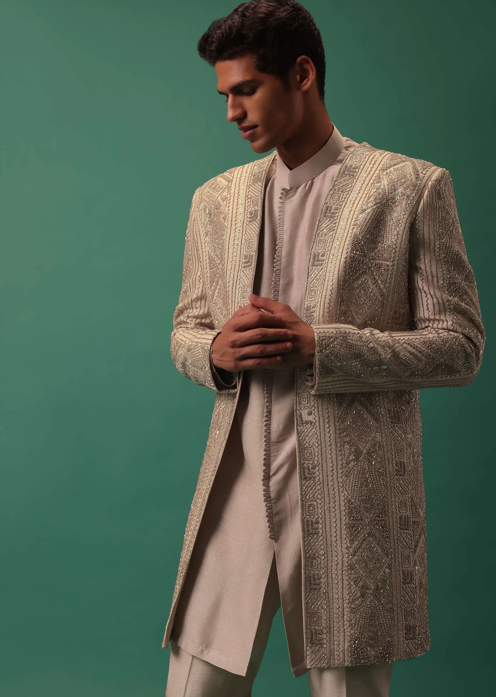 Off White Heavy Hand Embroidered Jacket Kurta Set