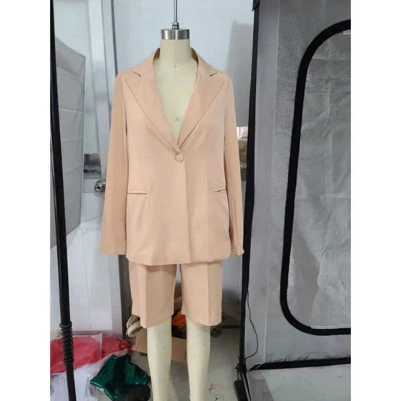 Short Blazer Suits Two Piece Set Women Office Outfit Summer Autumn Commute Turn Down Collar Long Sleeve Jacket High Waist Shorts B-33440