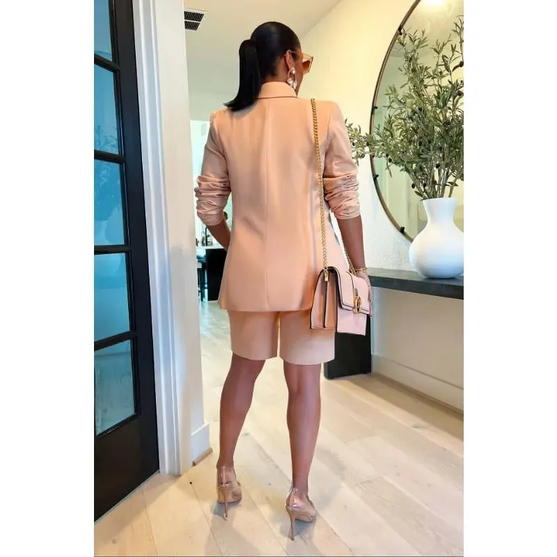 Short Blazer Suits Two Piece Set Women Office Outfit Summer Autumn Commute Turn Down Collar Long Sleeve Jacket High Waist Shorts B-33440