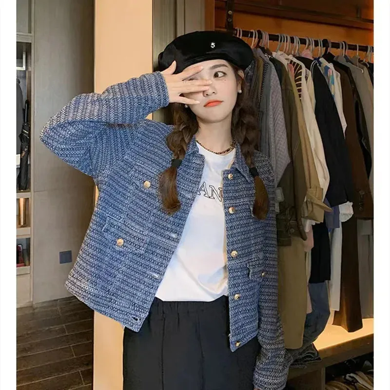Temperament, Small Fragrance Style Jacket Fashionable New Style Design Sense Woven Denim Jacket Lapel Loose Retro Jacket Women
