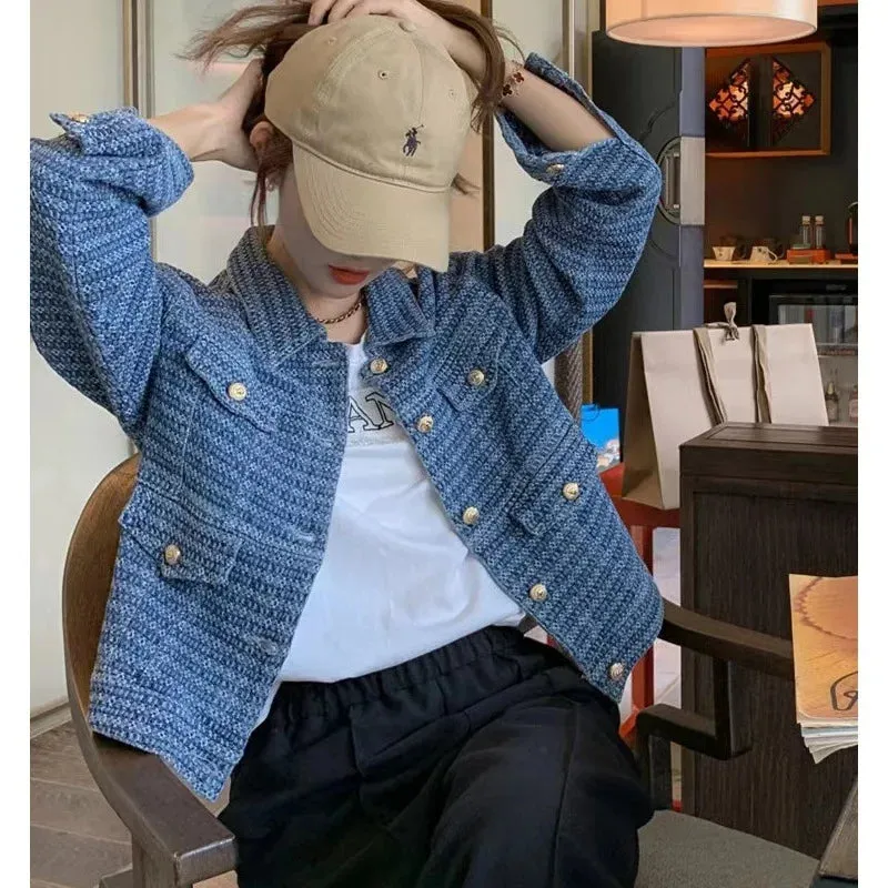 Temperament, Small Fragrance Style Jacket Fashionable New Style Design Sense Woven Denim Jacket Lapel Loose Retro Jacket Women